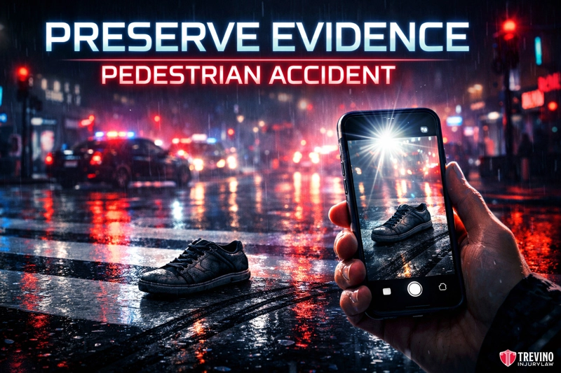Preserve evidence pedestrian accident. In a rainy, nighttime city street, a single shoe lies on a crosswalk. A hand holds a smartphone, photographing the shoe. Text reads "Preserve Evidence Pedestrian Accident." The Trevino Injury Law logo appears in the lower right corner.