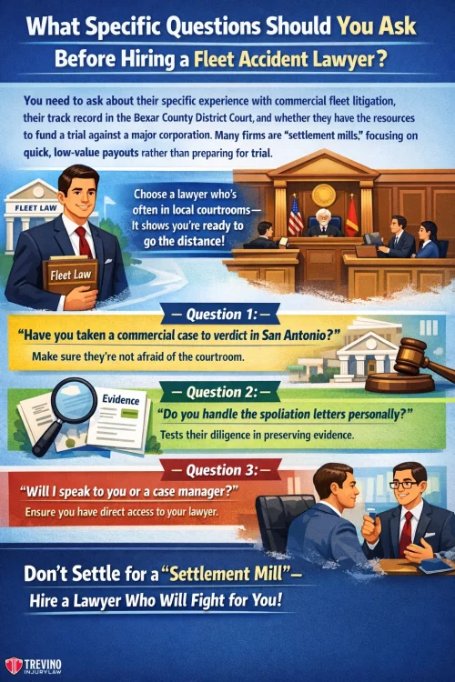 question-to-ask-accident-lawyerAn infographic titled “What Specific Questions Should You Ask Before Hiring a Fleet Accident Lawyer?” shows a court scene, icons of courtrooms and evidence, and three sample questions to ask lawyers, emphasizing the importance of choosing trial-ready, personalized legal help.