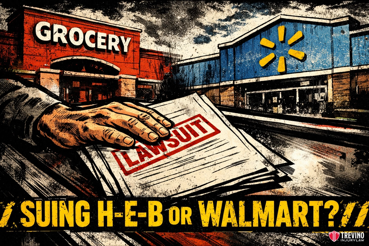 Slip and fall at Walmart or H-E-B in San Antonio. A dramatic illustration shows a large hand holding papers labeled “LAWSUIT” between a red H-E-B grocery store and a blue Walmart. Bold yellow text at the bottom reads, “SUING H-E-B OR WALMART?!” with a heart and “TREVINO Injury Law” logo in the corner.