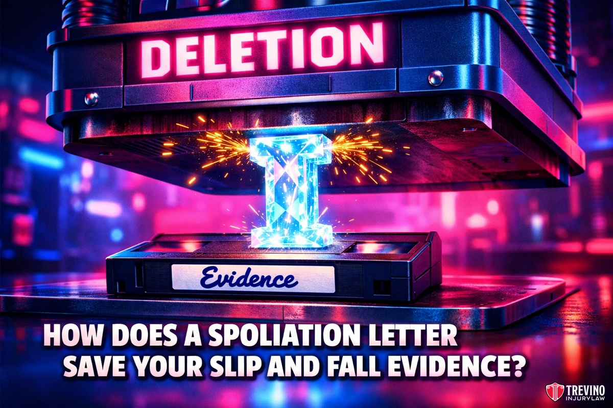 Spoliation letter slip and fall. A glowing I-shaped block labeled "Evidence" is about to be crushed by a large metal press labeled "Deletion" in a neon-lit room. The text below asks, "How does a spoliation letter save your slip and fall evidence?" Trevino Injury Law logo appears in the corner.