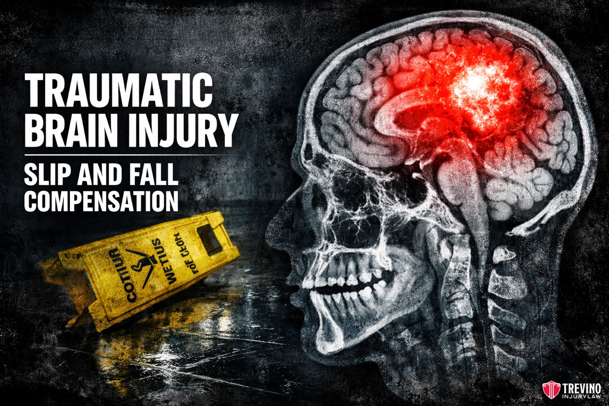 Traumatic brain injury slip and fall compensation. An X-ray-style image of a human head with a glowing red area in the brain, symbolizing injury. A yellow “Caution Wet Floor” sign lies tipped over. Text reads: “Traumatic Brain Injury: Slip and Fall Compensation.” Trevino Injury Law logo lower right.
