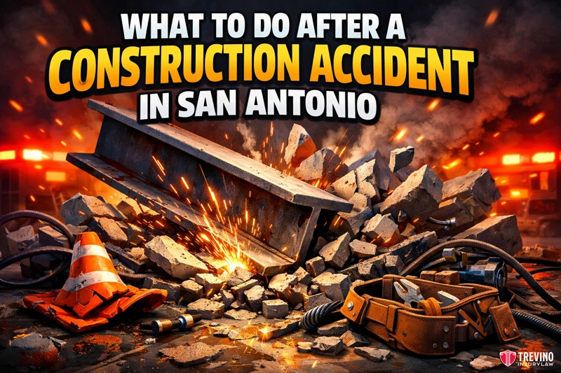What to do after a construction accident in San Antonio? A dramatic scene of a collapsed construction beam and debris with traffic cones, caution tape, a tool belt, and cables. Bold text at the top reads “What to do after a construction accident in San Antonio.” Emergency lights glow in the background.