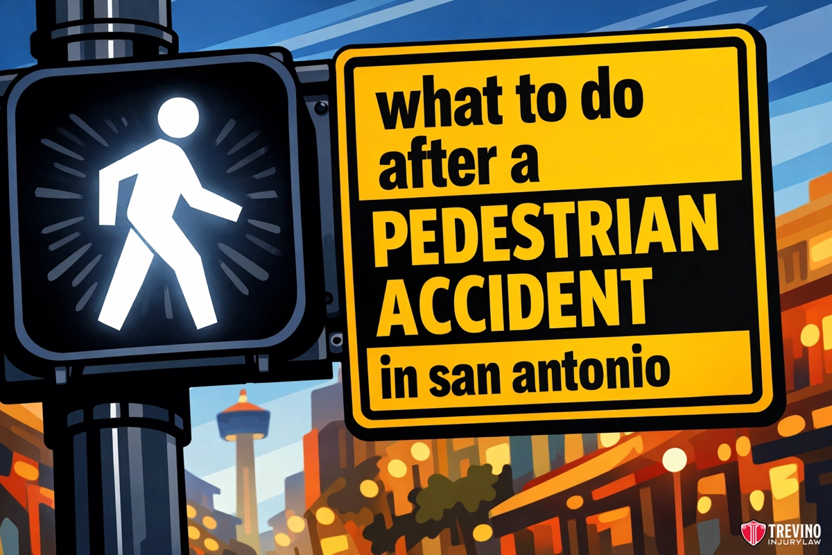 What to do after a pedestrian accident san antonio. A pedestrian crossing signal glows next to a yellow street sign that reads, “what to do after a PEDESTRIAN ACCIDENT in san antonio.” A cityscape is in the background, with the Treviño Injury Law logo in the lower right corner.