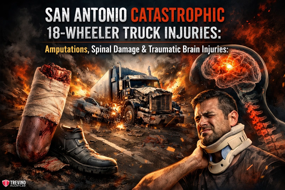 18-Wheeler-Truck-Injuries. A dramatic scene shows a crashed truck on a burning road, a severed leg and boot, a man in a neck brace grimacing in pain, and a brain MRI. Bold text reads: “San Antonio catastrophic 18-wheeler truck injuries: Amputations, spinal damage & traumatic brain injuries.”.