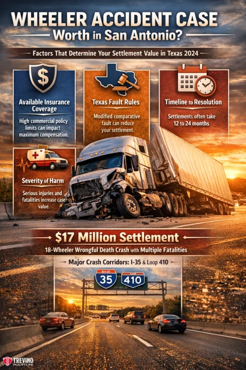18-wheeler-accident-case. A damaged semi-truck blocks a highway as cars pass by; icons highlight factors in Texas 18-wheeler accident settlements: insurance, fault rules, timeline, severity, and major crash corridors, with a $17M wrongful death case example.