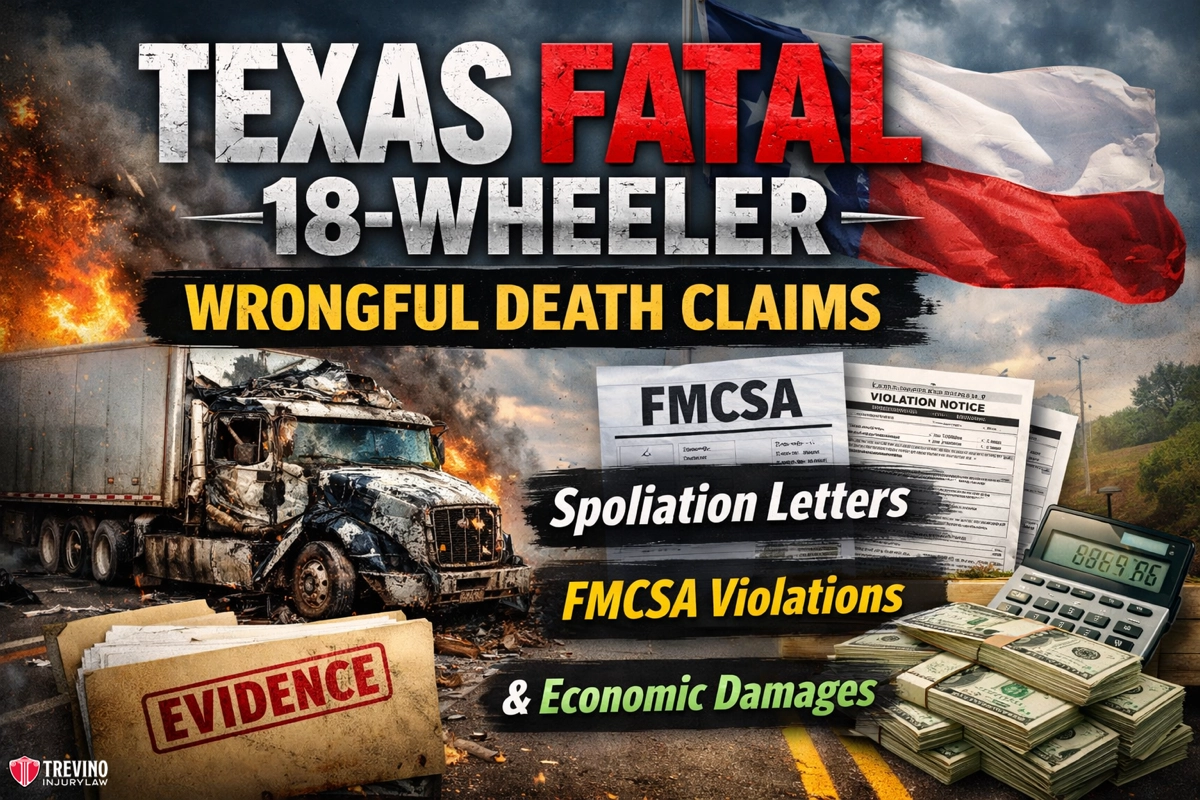 18-wheeler-wrongfull-death. A graphic shows a burning, wrecked 18-wheeler truck, stacks of money, legal documents, and an “EVIDENCE” folder. Text reads: “Texas Fatal 18-Wheeler Wrongful Death Claims: Spoliation Letters, FMCSA Violations & Economic Damages.” A Texas flag waves in the background.