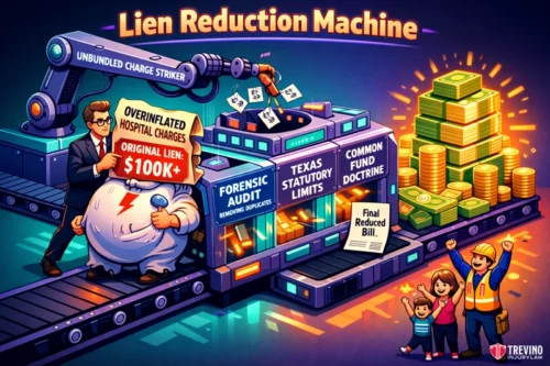 Aggressive Attorney Negotiation Strategies to Reduce Massive Medical Liens. A cartoon machine labeled “Lien Reduction Machine” processes a huge bill labeled “Original Lien $100K+,” shrinking it through sections like “Forensic Audit” and “Texas Statutory Limits” into a small bill. Happy people and stacks of cash celebrate at the end.