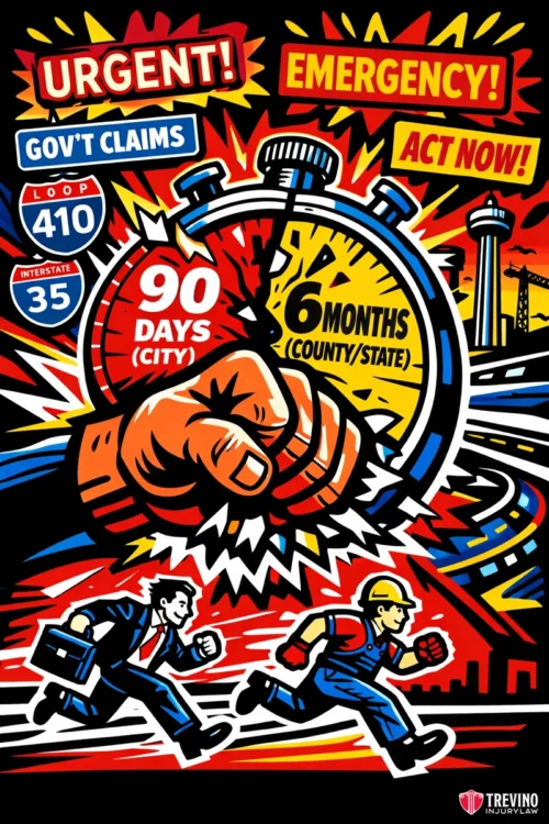 Are there accelerated deadlines for government and public worksite accidents? A dynamic, comic-style illustration features a giant stopwatch held by a large hand. Red and yellow bursts say “URGENT!”, “EMERGENCY!”, “ACT NOW!” Blue signs display “GOV’T CLAIMS,” “LOOP 410,” and “INTERSTATE 35.” A man in a suit and a construction worker run below the stopwatch.