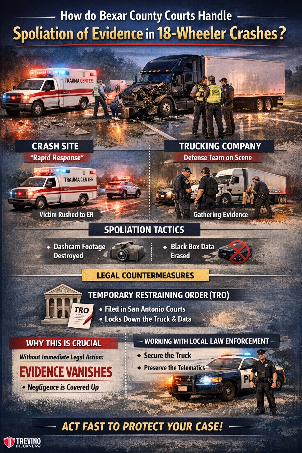 Bexar-county-spoliation-of-evidence. Infographic showing a truck crash with emergency response, legal icons, and people gathering evidence. Text explains evidence spoliation in 18-wheeler crashes, spoliation tactics, legal steps, urgency in preserving evidence, and calls to act quickly to protect a case.