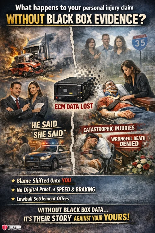 Black-box-evidence. A dramatic legal-themed poster shows a crashed truck, a black box labeled "ECM DATA LOST," lawyers arguing, survivors in distress, and denied claims. Text warns that lacking black box data hurts accident claims, making it "your story against theirs.