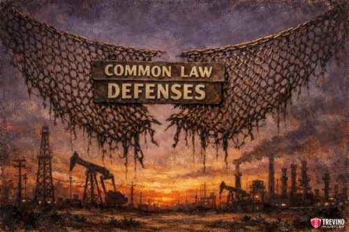 Can I Sue My Employer Directly If They Dont Carry Texas Workers Comp? A rusty chain-link fence with a sign reading "COMMON LAW DEFENSES" is torn open, revealing an industrial landscape with oil rigs and smokestacks releasing pollution against an orange sunset sky. The scene suggests legal protection breaking down for polluters.