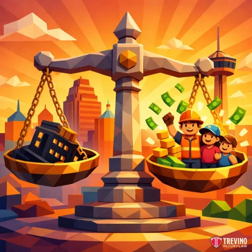Can I Sue My Employer for Firing Me After a Workers Comp Claim in Texas? A stylized illustration shows a golden justice scale against a city skyline. One side holds a dark building, while the other holds a happy family and money. The background is bright orange, and the logo for Trevino Injury Law appears in the corner.