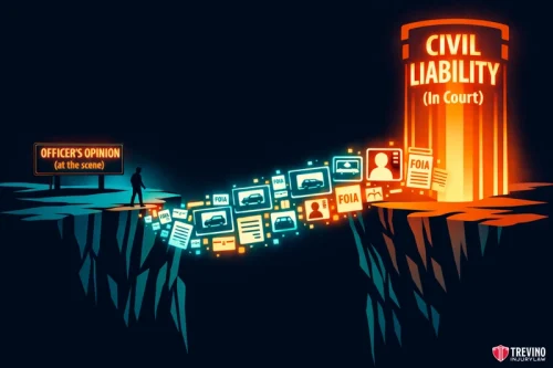 Can You Overturn a San Antonio Police Report That Blames the Pedestrian? A person stands on a cliff labeled "Officer's Opinion (at the scene)," facing another cliff labeled "Civil Liability (In Court)." A bridge made of digital files, cameras, and FOIA requests connects the two cliffs. The Trevino Injury Law logo is in the corner.