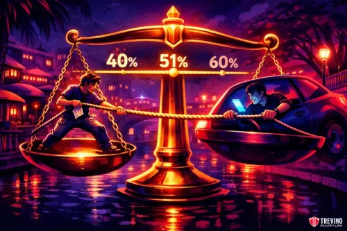 Can You Recover Financial Compensation If You Were Intoxicated While Crossing Outside a Crosswalk? A golden scale over water balances a man in casual clothes on the left pan labeled "40%" and another man using a laptop inside a car on the right pan labeled "60%." The center of the scale reads "51%." Buildings and palm trees glow in the background at dusk.