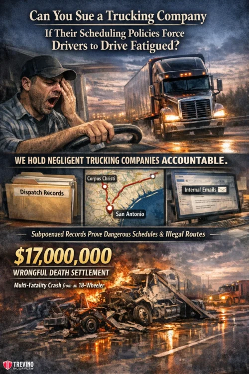 Can-You-Sue-a-Trucking-Company-If-Their-Scheduling-Policies-Force-Drivers-to-Drive-Fatigued. A distressed truck driver rubs his face while a large semi-truck skids on a wet highway at night. Below, legal images show dispatch records, maps, internal emails, and a settlement figure for a multi-fatality truck crash case. Text discusses negligent trucking companies.