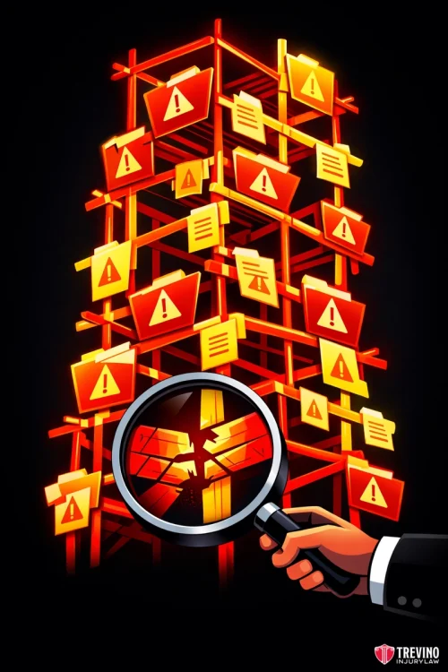 Can You Use OSHA Records as Evidence in a Texas Lawsuit? A hand holding a magnifying glass examines a tall stack of glowing red folders with exclamation marks and yellow warning signs, suggesting danger or data issues. The magnifying glass reveals a broken legal scale. The image is branded "Trevino Injury Law.