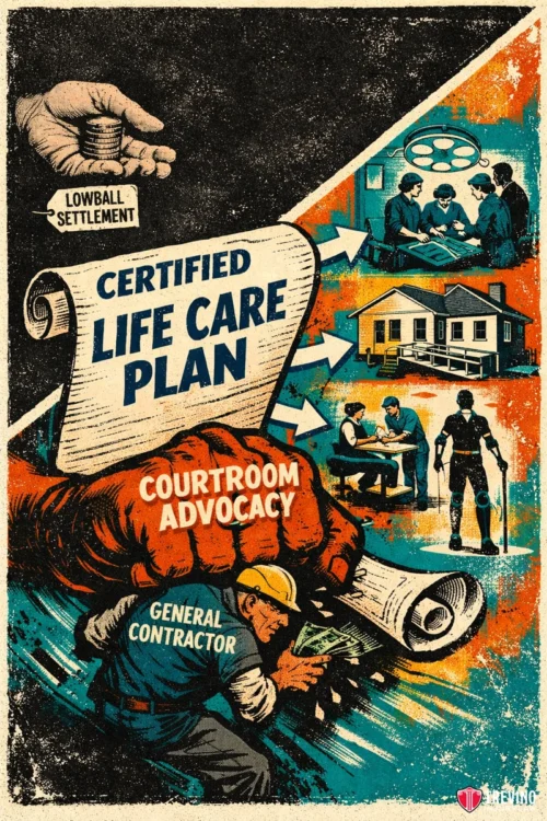 Can-a-general-contractor-be-forced-to-pay-for-my-future-surgeries? A dramatic illustrated poster shows a giant hand labeled “General Contractor” pushing against “Courtroom Advocacy” and “Certified Life Care Plan” banners, which lead to positive images of medical care, home, and rehabilitation, while “Lowball Settlement” is pushed aside.