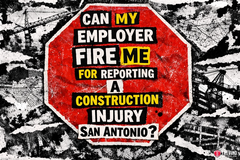 Can my employer fire me for reporting a construction injury in San-Antonio? A large red stop sign with distressed textures asks, “Can my employer fire me for reporting a construction injury San Antonio?” Some words are highlighted in yellow and black. Faint images of cranes and construction sites appear in the black-and-white background.