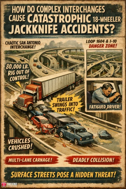 Catastrophic-18-wheeler. A comic-style poster shows an 18-wheeler jackknifing on a complex freeway interchange, smashing into multiple cars. Text highlights chaos, driver fatigue, and a deadly collision amid tangled roads, warning that surface streets pose a hidden threat.