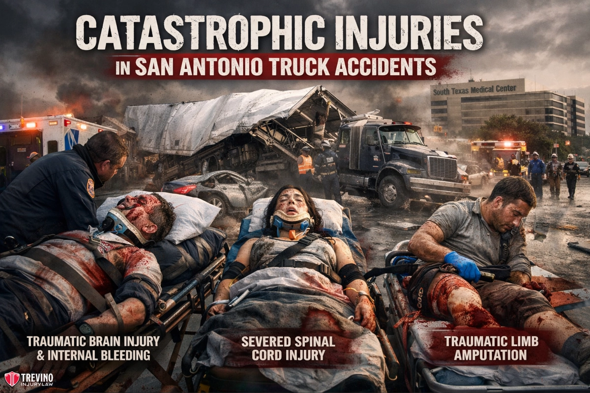 Catastrophic-injuries-in-san-antonio-truck-accidents. Three severely injured people on stretchers are attended by paramedics in front of a wrecked truck and car. Smoke fills the background as emergency responders work. Text highlights brain injuries, spinal cord injury, and limb amputation as results of truck accidents.