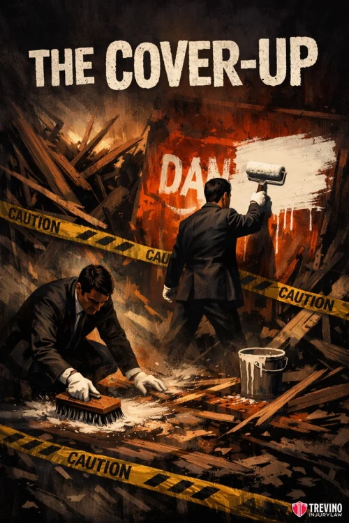 Corporate Defense Tactics and Evidence Destruction Policies. A dramatic scene shows two men in suits concealing evidence at a debris-strewn site. One paints over red graffiti reading "DAM" while the other scrubs the floor. Yellow caution tape surrounds the area. Bold text at the top reads "THE COVER-UP.