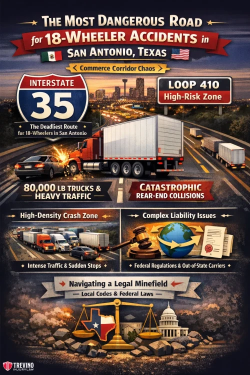 Dangerous-road-18-wheeler-accidents. Poster shows a semi-truck on a highway at sunset, with signs for Interstate 35 and Loop 410. Text highlights 18-wheeler accident risks in San Antonio, mentioning heavy traffic, collisions, legal issues, and high-risk zones. Icons illustrate key dangers and legal concerns.