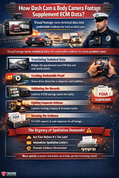 Dash-cam-ECM-data. Infographic titled “How Dash Cam & Body Camera Footage Supplement ECM Data?” shows police, dash cam, and body cam images. It outlines how video supports accident cases, translating technical data, proving facts, fighting companies, and urging fast evidence action.