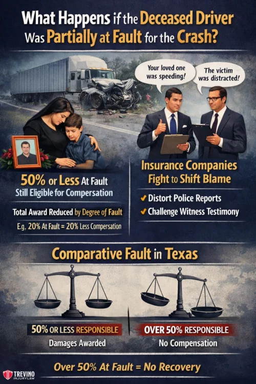 Deceased-driver-18-wheeler. Infographic showing a grieving family, car crash scene, lawyers, and scales of justice. Text explains that in Texas, a driver 50% or less at fault can get compensation, but over 50% means no recovery. Insurance may try to shift blame. Chart shows reduced awards by fault percent.