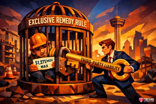 Defeating the Exclusive Remedy Rule Through Third Party Liability. A sad construction worker in a caged prison labeled "Exclusive Remedy Rule" holds a "$1,271/Week Max" sign. A man in a suit uses an oversized key labeled "Third-Party Liability" to unlock the cage in a dramatic cityscape setting.