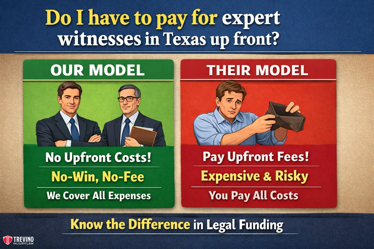 Do-I-have-to-pay-for-expeert-witnesses-in-texas-up-front. A graphic compares two legal funding models. Left: Two confident lawyers, text reads “Our Model: No Upfront Costs! No-Win, No-Fee. We Cover All Expenses.” Right: Worried man with empty wallet, text reads “Their Model: Pay Upfront Fees! Expensive & Risky. You Pay All Costs.”.