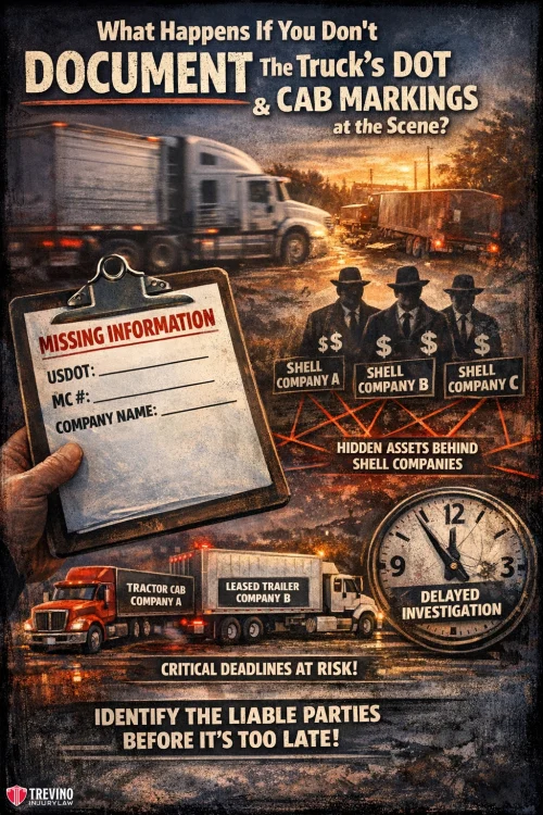 Document-truck-accidente-accident. A dramatic poster shows a hand holding a "MISSING INFORMATION" report beside a truck and shadowy figures labeled as "Shell Company A, B, C." A clock, hidden assets, and warning text urge documenting DOT and cab markings at a crash scene.