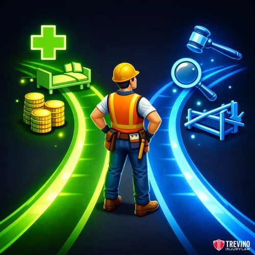Dual Track Claim Management Navigating Both Systems Simultaneously. A construction worker stands at a fork in glowing paths. The left path shows icons for health, money, and a hospital bed. The right path shows icons for a gavel, magnifying glass, and scaffolding. The Trevino Injury Law logo appears in the lower right corner.