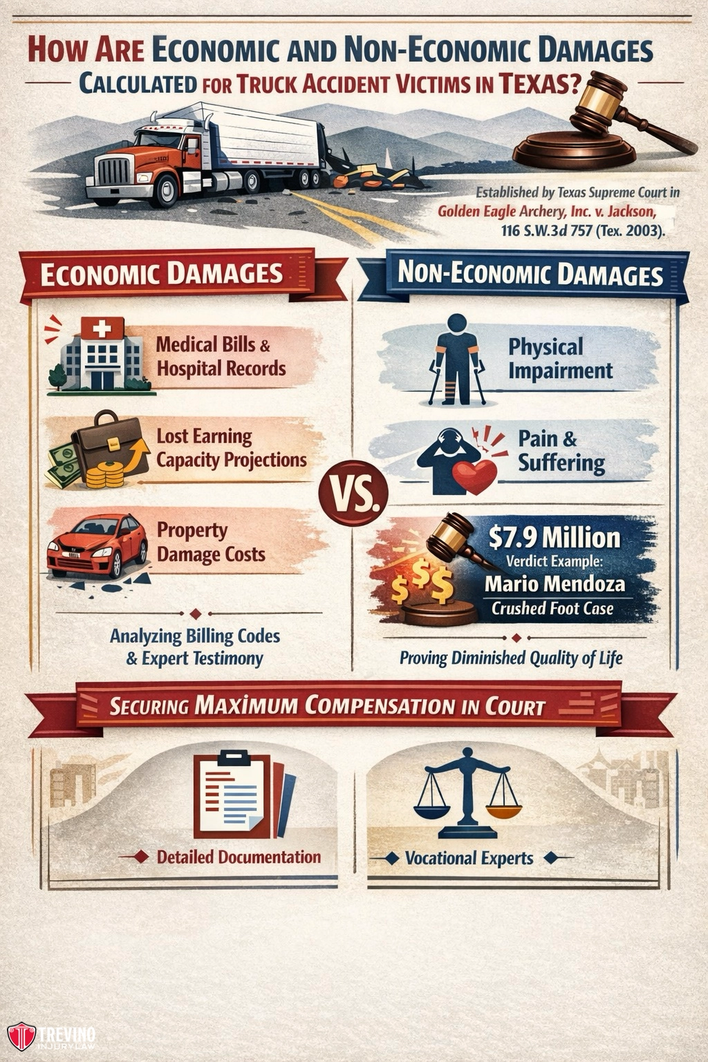 Economic-damages-truck-accidents. Infographic explains how economic (medical bills, lost earnings, property damage, billing analysis) and non-economic (physical impairment, pain, suffering) damages are calculated for Texas truck accident victims, using icons and court examples to illustrate each category.
