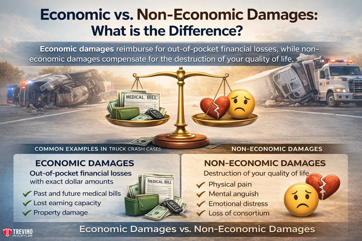 Economic-vs-non-economic-turck-accident. An infographic compares economic vs. non-economic damages using a balanced scale. Economic damages (money, bills) include medical bills and lost wages; non-economic damages (sad face, broken heart) include pain, emotional distress, and loss of quality of life.