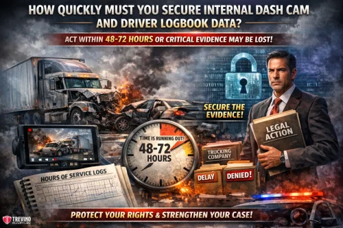 Evidence-18-wheeler. A serious man in a suit holds a folder labeled “Legal Action” beside a padlock icon. Wrecked trucks, a dashcam, and logbooks appear, with bold text urging action within 48-72 hours to secure crash evidence and protect legal rights.
