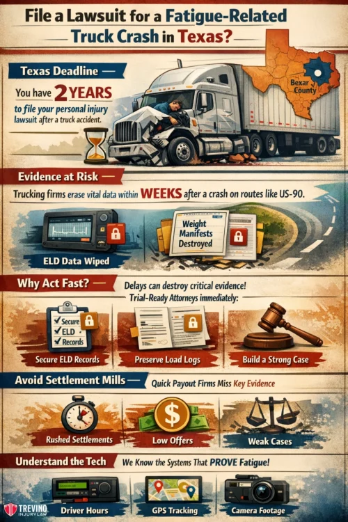 File-a-Lawsuit-for-a-Fatigue-Related-Truck-Crash-in-Texas. Infographic about filing a fatigue-related truck crash lawsuit in Texas. Includes deadlines, evidence risks, importance of immediate action, details on evidence types, advice to avoid quick settlements, and info on tech like ELDs, GPS, and dash cams. Texas map, gavel, and truck art.