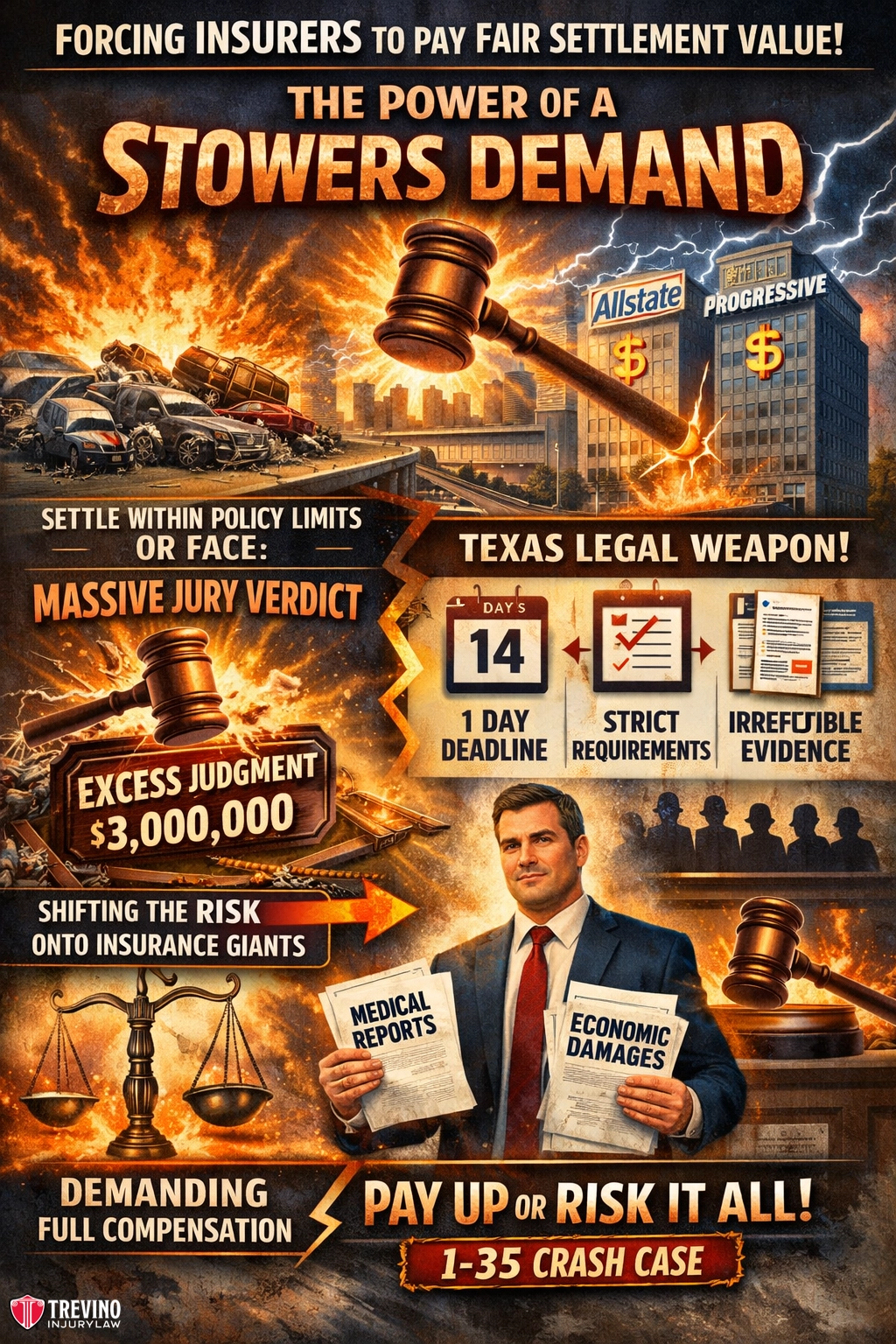 Forcing-injuries. A dramatic legal infographic shows a lawyer holding folders, Texas legal symbols, gavel, and insurance buildings. Bold text highlights “The Power of a Stowers Demand" and outlines settlement deadlines, risk to insurers, and demands following a major I-35 crash case.