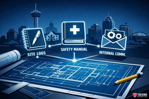 Forensic Evidence Used to Prove a General Contractors Duty of Care. A cityscape background with blueprints of a building in the foreground. Above the blueprints are icons labeled “Site Logs,” “Safety Manual,” and “Internal Comm.,” each with corresponding graphics, connected by lines to the blueprint.