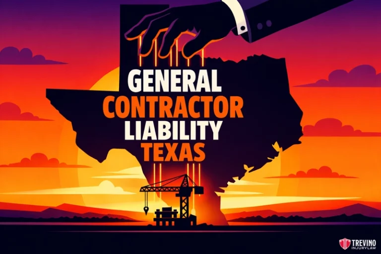 General Contractor Liability in Texas. Illustration of a hand looming over a Texas-shaped silhouette with bold text: “General Contractor Liability Texas.” Below, a crane and construction worker are shown at sunset. The Trevino Injury Law logo appears in the corner. The scene uses orange and purple tones.