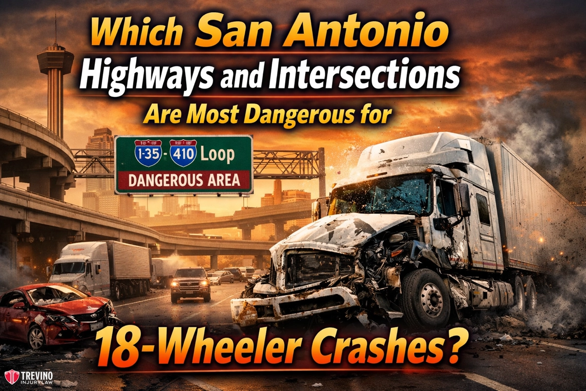 HIghways-dangerous-18-wheeler-crashes-. A crashed 18-wheeler and car sit wrecked on a smoky highway at sunset. Large bold text reads: “Which San Antonio Highways and Intersections Are Most Dangerous for 18-Wheeler Crashes?” with highway and danger signs in the background.