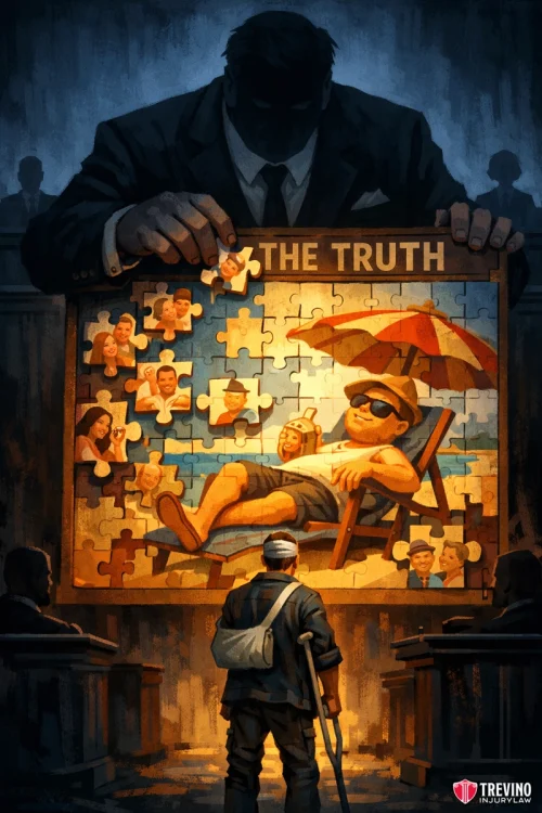 Halt All Social Media Activity Immediately Following Your Job Site Injury. A person with crutches faces a giant, shadowy figure holding a puzzle titled “The Truth.” The puzzle shows an injured figure relaxing on a beach, with many missing and mismatched pieces, while people in a courtroom watch. The image evokes themes of justice and deception.