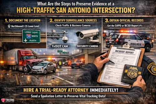 High-traffic-san-antonio-intersection. A busy San Antonio highway accident scene with damaged vehicles, police, and an officer holding an incident report. Steps to preserve intersection evidence—document location, find surveillance, obtain records—are shown with icons and bold yellow text.