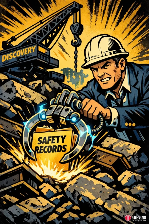 How Do Attorneys Get Construction Company Safety Records in San Antonio? A determined man in a suit and hard hat uses a mechanical claw labeled “Discovery” to retrieve a box labeled “Safety Records” from rubble. Bright yellow and black tones suggest urgency and investigation. Logo reads “Trevino Injury Law.”.