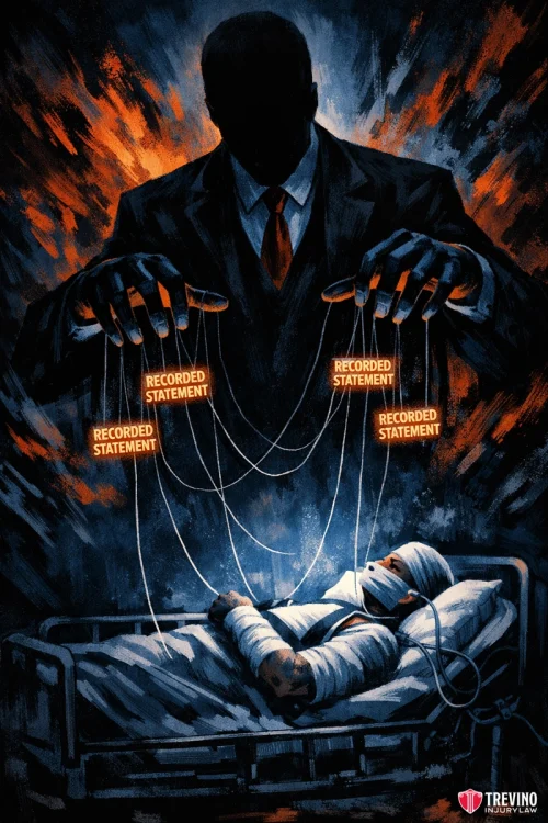 How Do Insurance Adjusters Weaponize Your Crossing Location to Deny Claims? A shadowy, faceless figure in a suit looms over a hospital bed, controlling puppet strings labeled "RECORDED STATEMENT" attached to a bandaged patient lying in the bed. The scene is intense, with dark, dramatic colors and a sense of manipulation.
