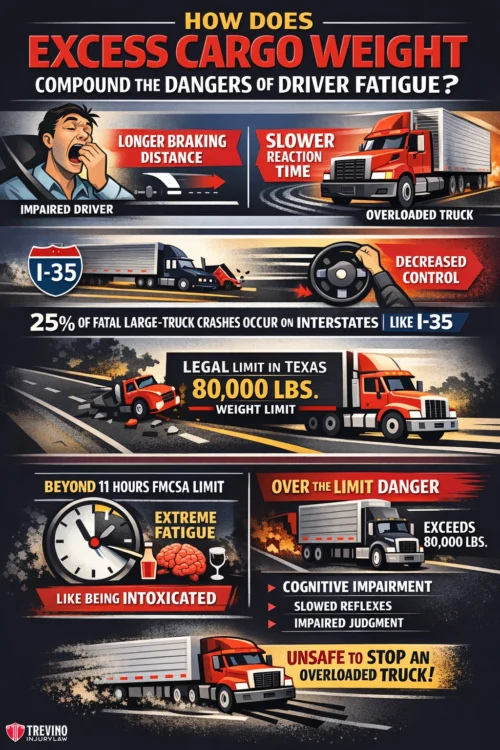 How-Does-Excess-Cargo-Weight-Compound-the-Dangers-of-Driver-Fatigue. Infographic shows how excess cargo weight worsens driver fatigue: impaired drivers and overloaded trucks have slower reactions and longer stops; heavy trucks face legal limits; fatigue and overloaded trucks increase accident risks on highways, urging caution.