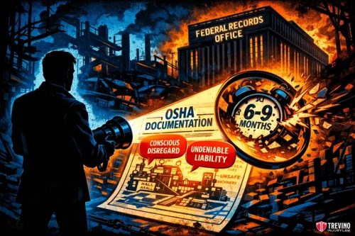 How Does OSHA Documentation Strengthen Your Third Party Compensation Claim? A person with a flashlight examines OSHA documentation labeled “Conscious Disregard” and “Undeniable Liability,” pointing to a blast-away clock showing “6-9 months,” with a federal records office building and industrial structures in the background.