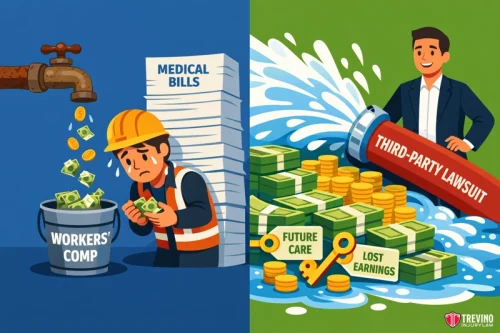 How Does Proving General Contractor Liability Impact Your Financial Settlement? The image compares two scenarios: On the left, a worker collects few dollars from a “Workers' Comp” bucket as medical bills pile up. On the right, a happy man collects lots of cash from a pipe labeled “Third-Party Lawsuit,” with signs reading “Future Care” and “Lost Earnings.”.