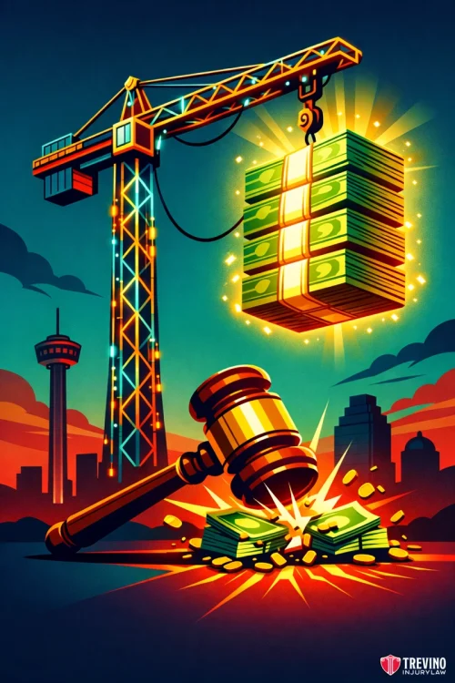 How-Does-a-Trial-Lawyer-Use-This-Evidence-to-Maximize-Your-Compensation? A large crane lifts glowing stacks of money over a cityscape at sunset. Below, a judge’s gavel strikes a pile of cash, sending sparks flying. The scene suggests legal action and large financial settlements. The Trevino Injury Law logo is in the bottom right corner.