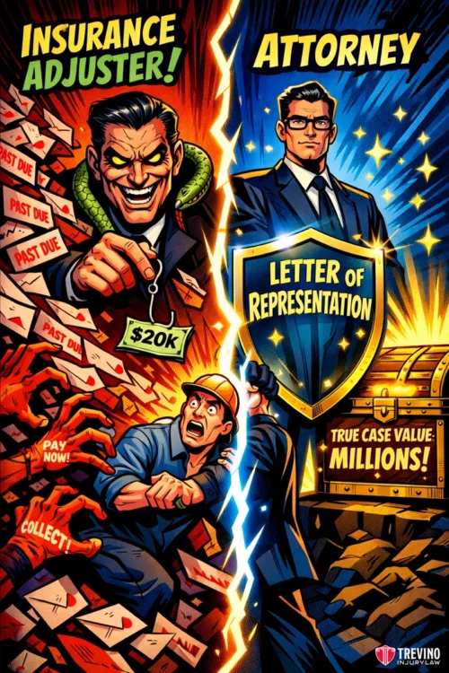 How Insurance Adjusters Weaponize Medical Debt to Force Lowball Settlements. A comic-style split image: left side shows a sinister insurance adjuster holding $20k, looming over stressed people with "PAST DUE" bills and snakes. Right side features a confident attorney with a shield labeled "Letter of Representation," gold chest, and "Millions!" text.