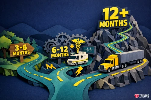 How Long Does It Take to Settle a Pedestrian Accident Claim in San Antonio? A paper-cut style illustration shows three winding roads marked “3-6 months,” “6-12 months,” and “12+ months.” Each road features vehicles and symbols, representing different timeframes for recovery or progress, with mountains and trees in the background.